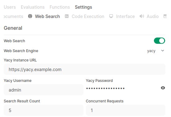Panneau d&#39;administration Open WebUI affichant la configuration Yacy